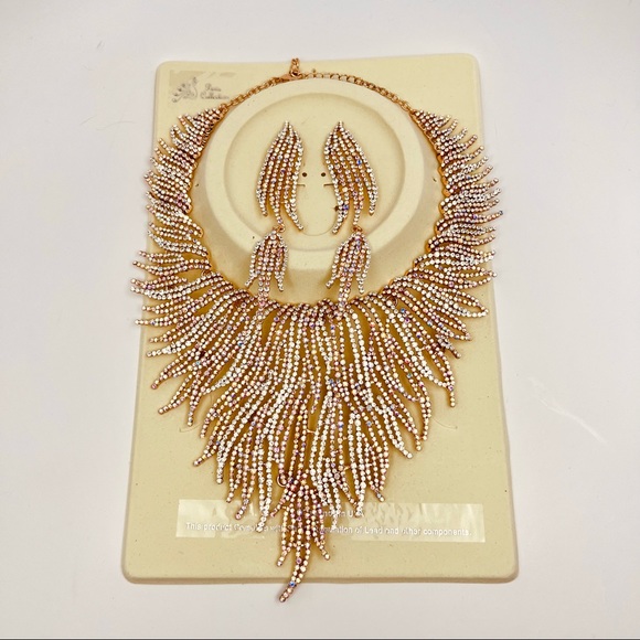 NWT CRYSTAL STATEMENT CHOKER NECKLACE & EARRINGS BRIDAL WOMEN JEWELRY SET - Picture 2 of 11